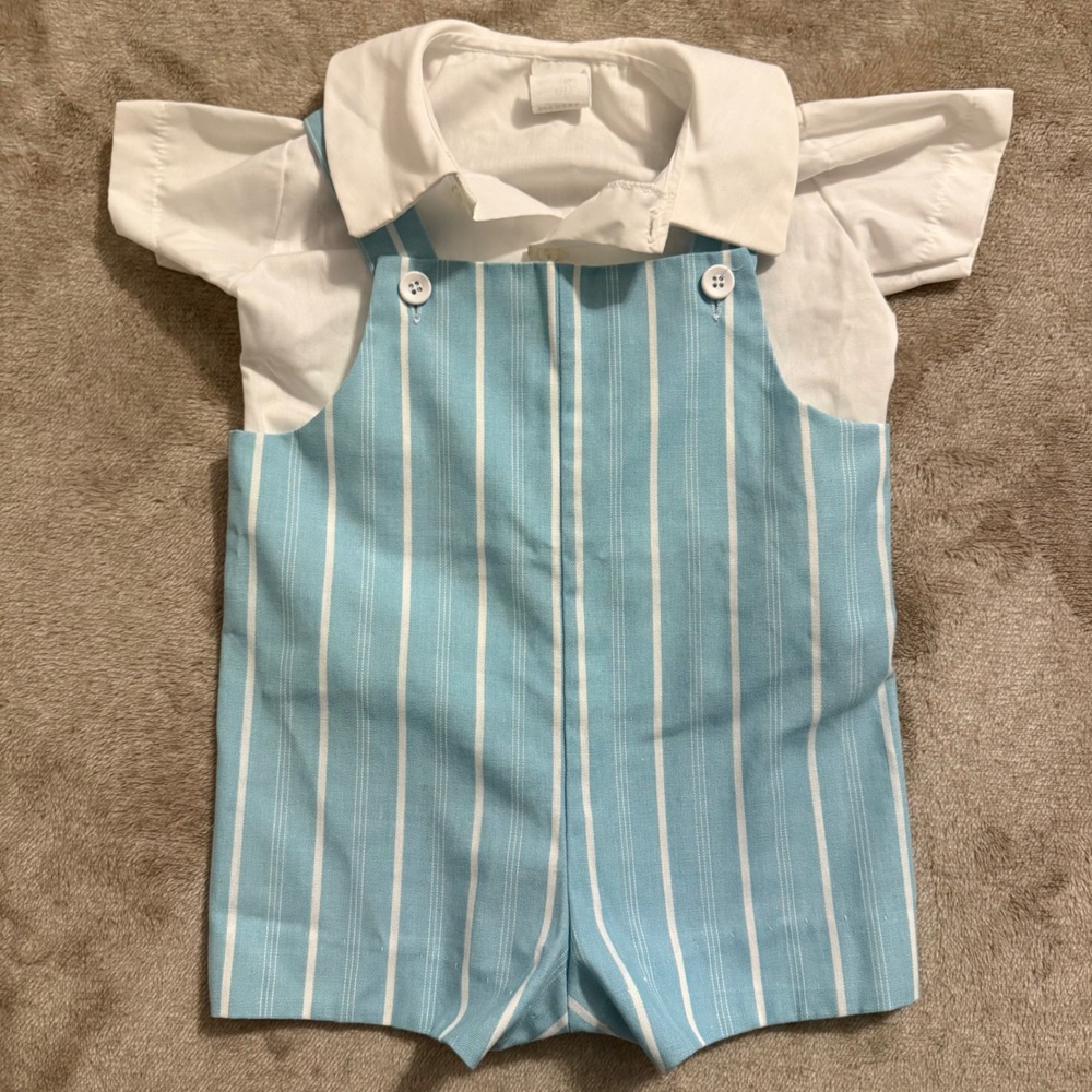 Vintage Bryan Baby Boys Blue White Striped Shortalls Shirt Set 12M USA B519